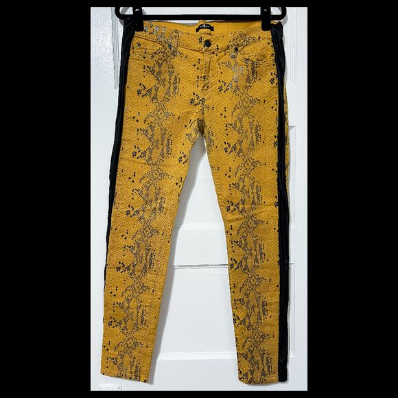 7 For All Mankind Womens Yellow/Black Snakeprint Stretch Skinny Jeans Sz 32 EUC - Picture 1 of 2
